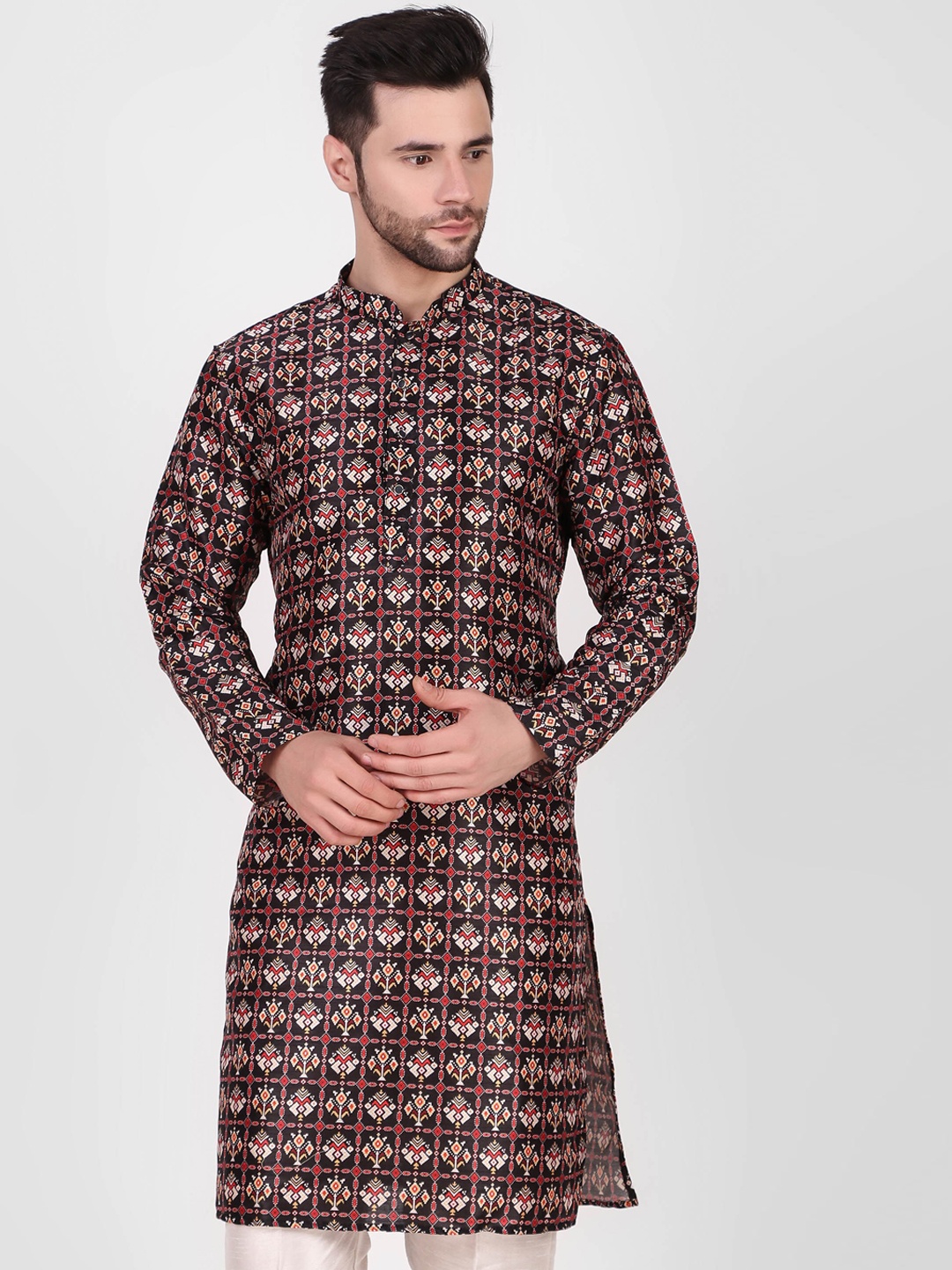 Cult Indie Ethnic Motifs Printed Jacquard Kurta, Black