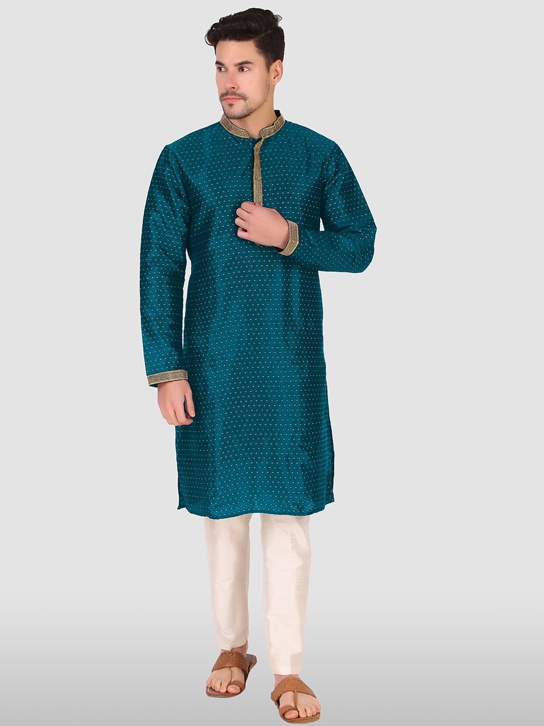 

Cult Indie Ethnic Motifs Woven Design Thread Work Jacquard Kurta, Teal