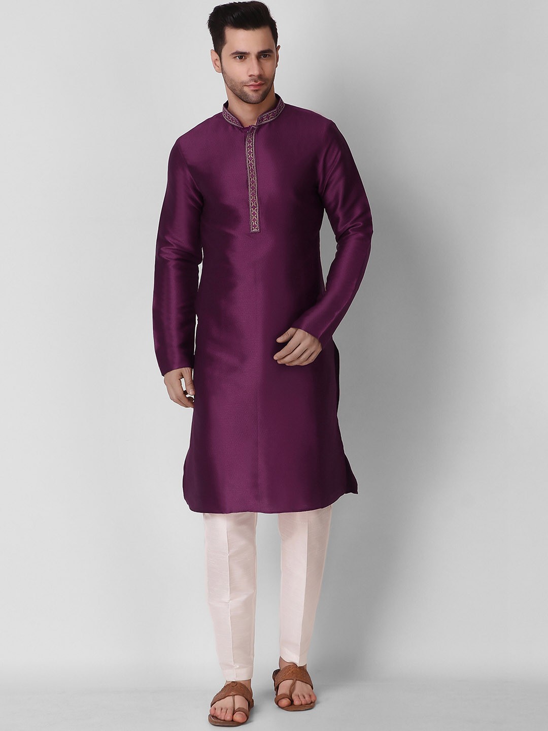 

Cult Indie Mandarin Collar Geometeric Woven Design Jacquard Straight Kurta, Purple