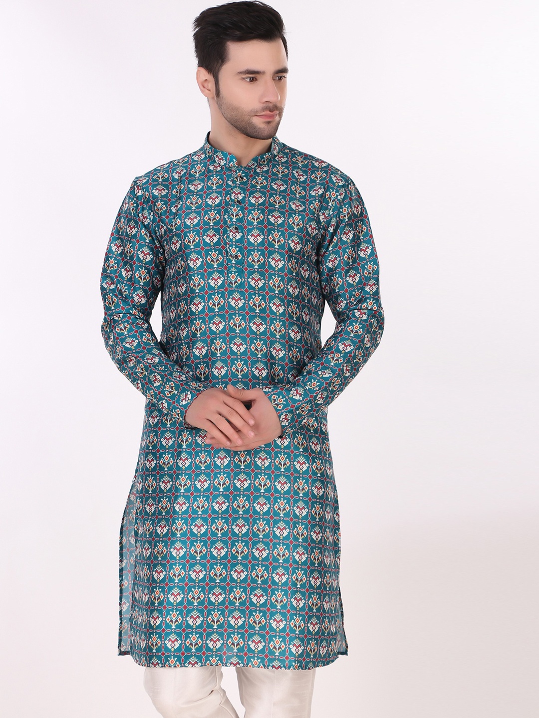 

Cult Indie Mandarin Collar Ethnic Motifs Printed Straight Kurta, Blue