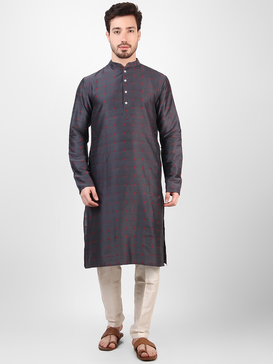 

Cult Indie Mandarin Collar Ethnic Motifs Woven Design Jacquard Straight Kurta, Grey