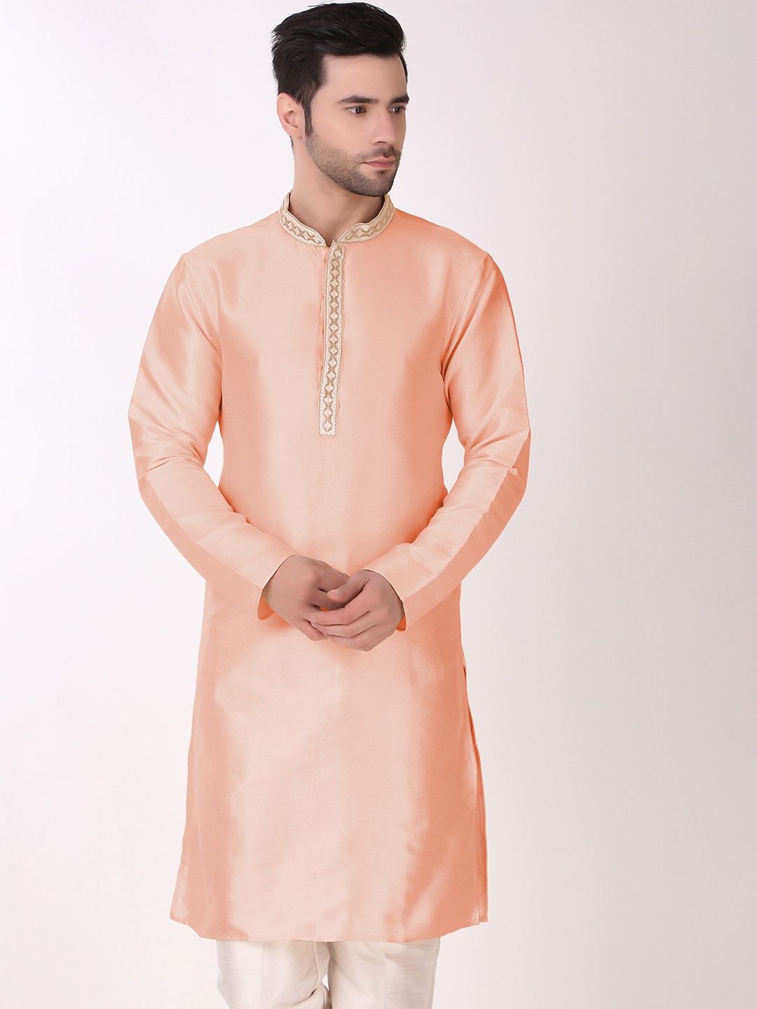 

Cult Indie Mandarin Collar Geometeric Woven Design Thread Work Straight Kurta, Peach