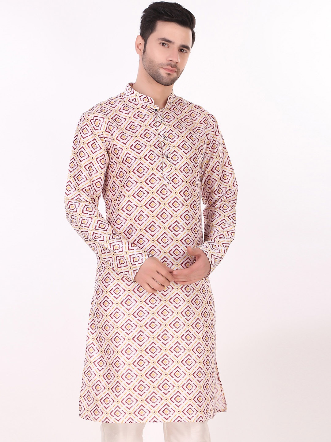 

Cult Indie Mandarin Collar Geometeric Printed Straight Kurta, White