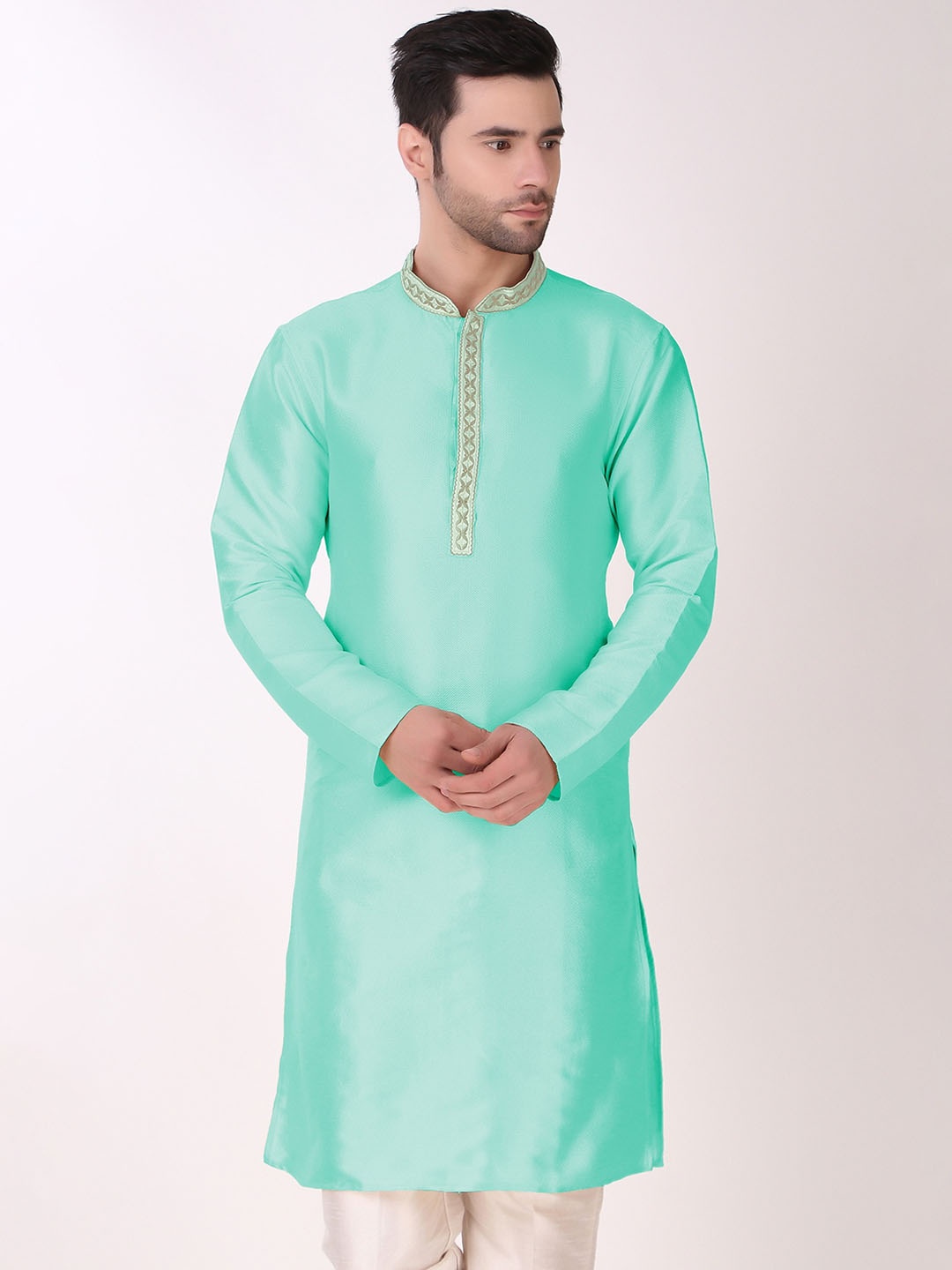 

Cult Indie Mandarin Collar Geometeric Woven Design Thread Work Straight Kurta, Blue