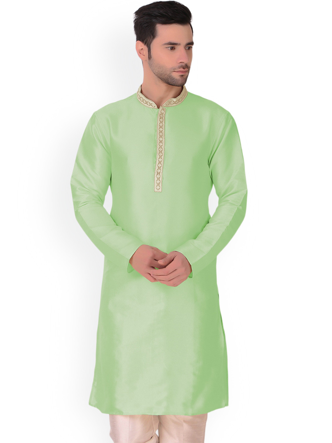 

Cult Indie Mandarin Collar Geometeric Woven Design Thread Work Straight Kurta, Green