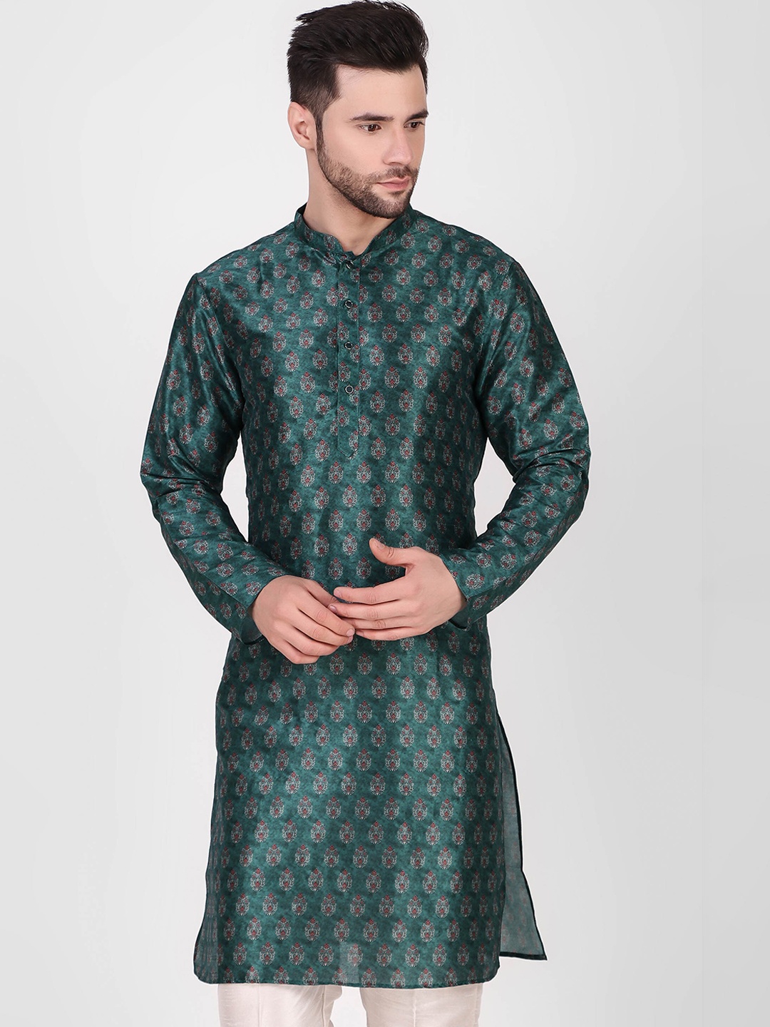 

Cult Indie Mandarin Collar Ethnic Motifs Printed Straight Kurta, Teal