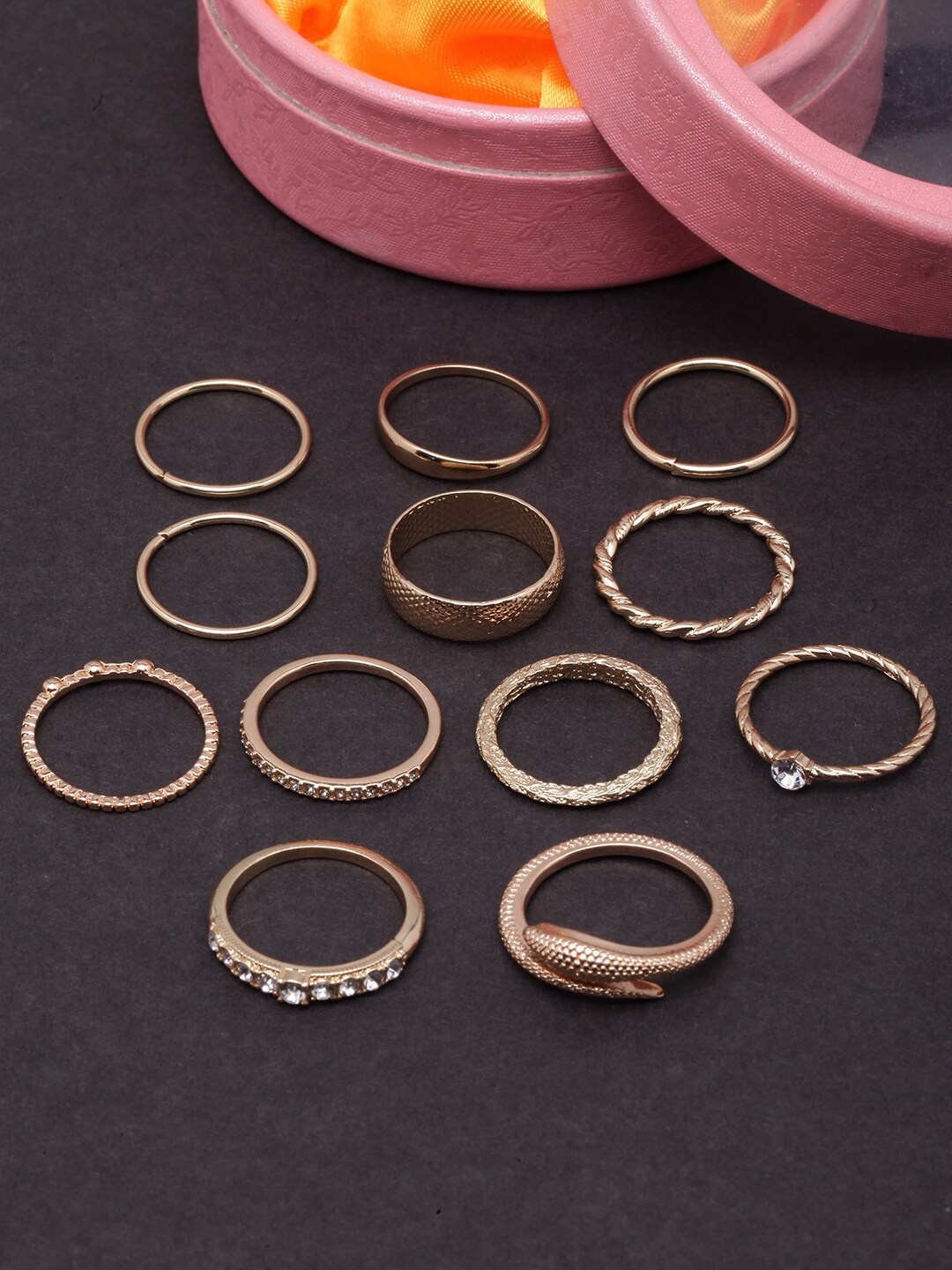 

DIVA WALK Set Of 12 Rose Gold-Plated White CZ-Studded Finger Rings