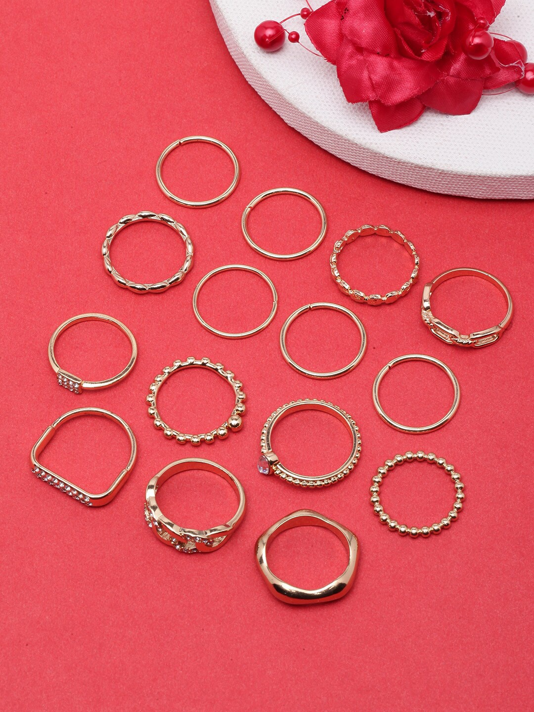 

DIVA WALK Set Of 15 Gold-Plated White AD-Studded Finger Rings