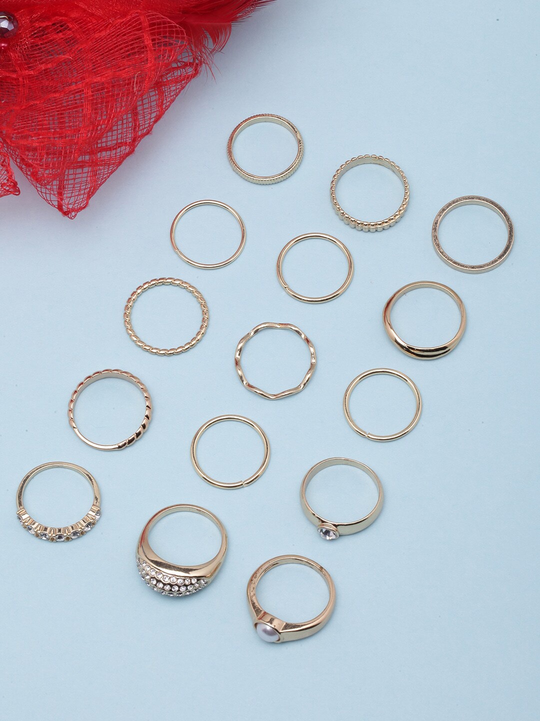 

DIVA WALK Set Of 15 Rose Gold-Plated CZ Studded Finger Rings