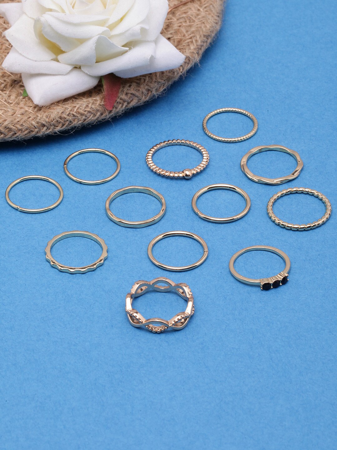

DIVA WALK Set Of 12 Rose Gold-Plated White CZ-Studded Finger Rings