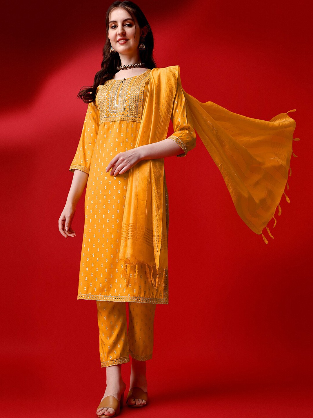 

Ziva Fashion Ethnic Motifs Printed Keyhole Neck Kurta with Trousers & With Dupatta, Yellow
