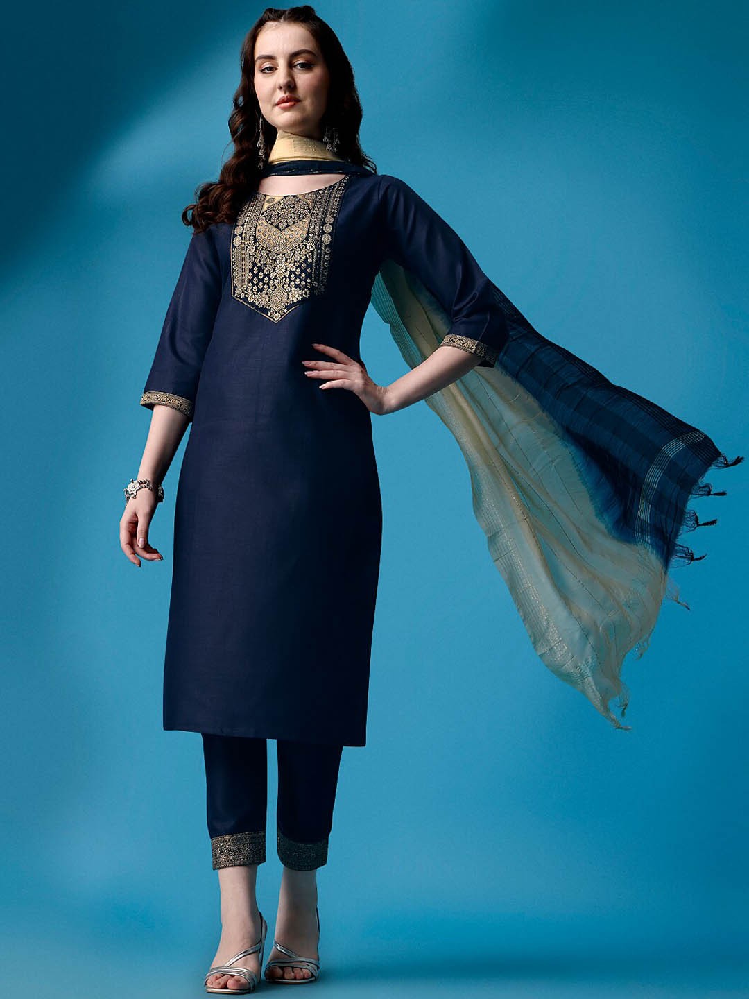

Ziva Fashion Floral Yoke Design Regular Kurta with Trousers & With Dupatta, Blue