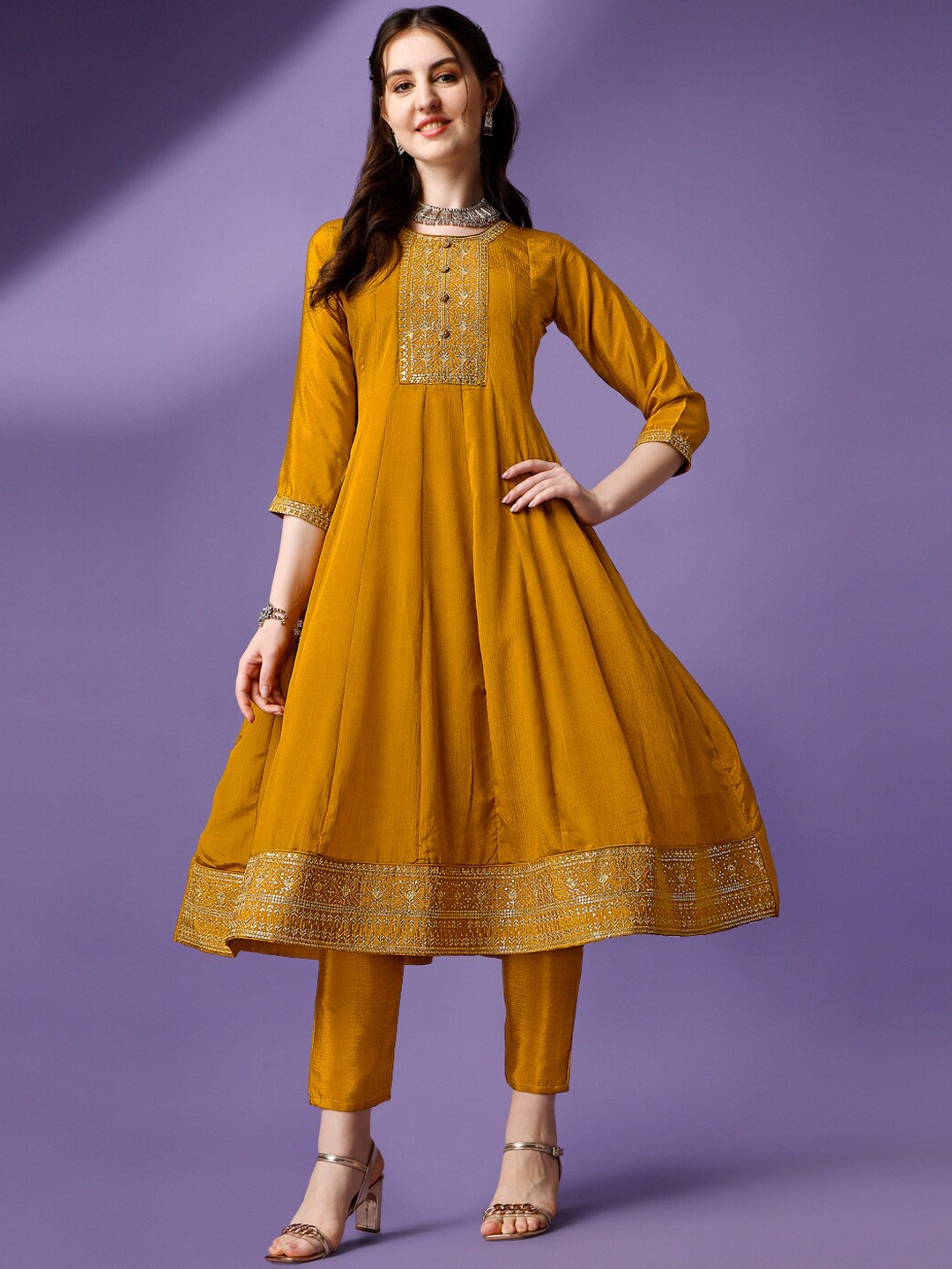 

Ziva Fashion Ethnic Motifs Yoke Design Sequinned Pure Silk Kurta with Dupatta, Mustard