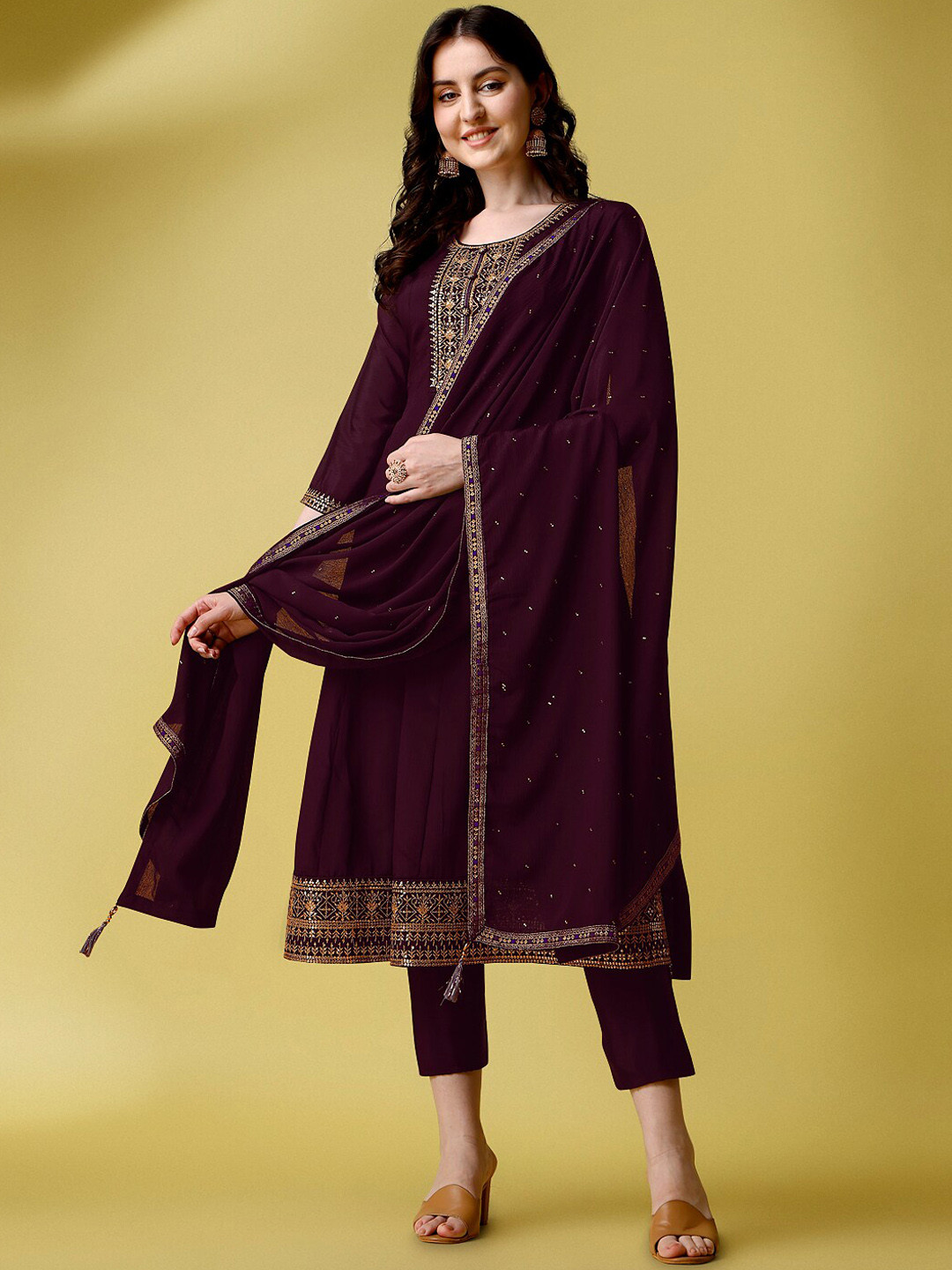 

Ziva Fashion Ethnic Motifs Yoke Design Pure Silk Kurta with Trousers & With Dupatta, Maroon