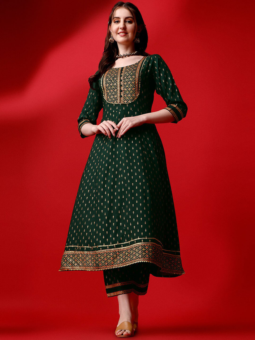 

Ziva Fashion Ethnic Motifs Printed Regular Kurta with Trousers & With Dupatta, Green