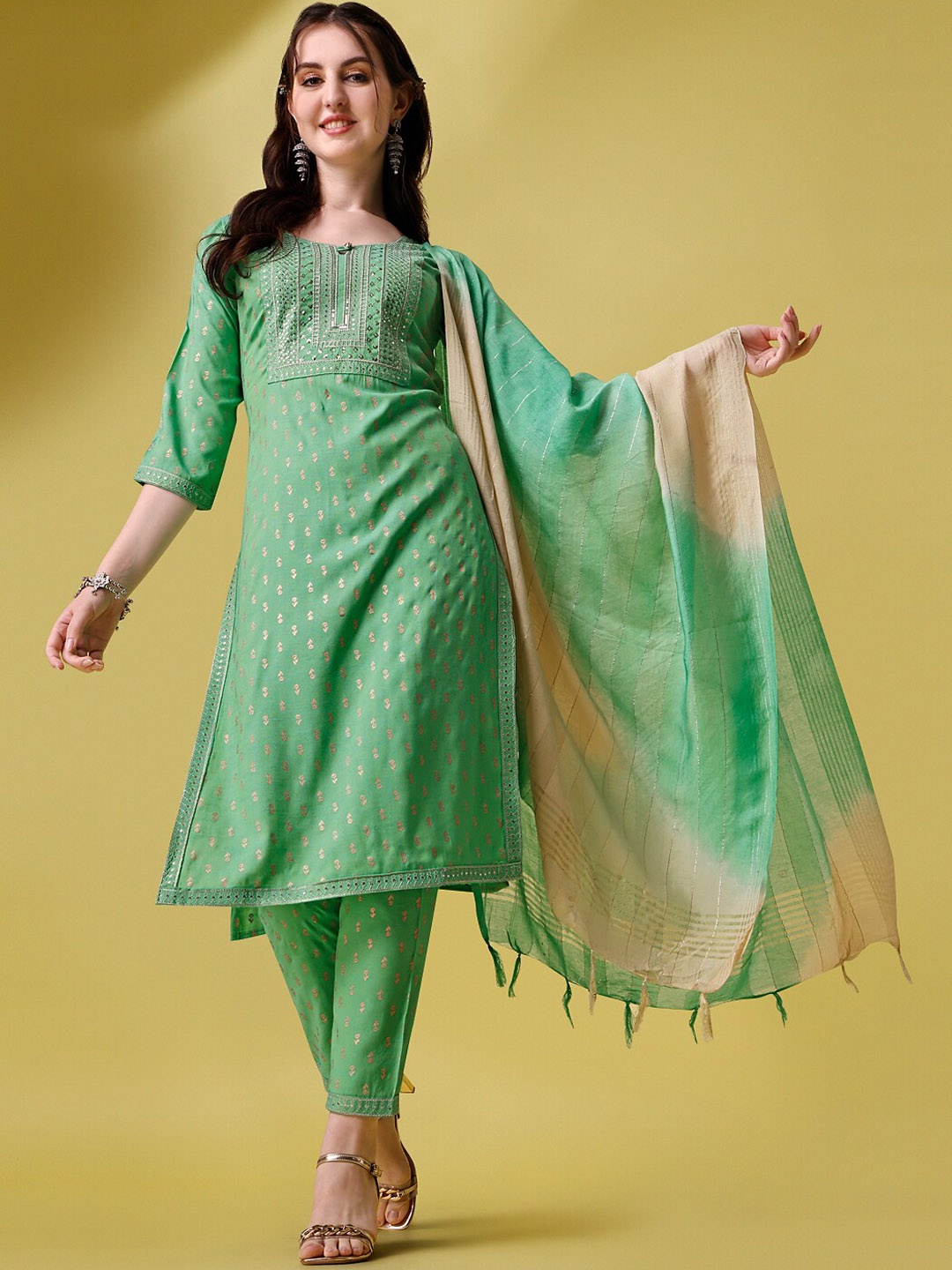 

Ziva Fashion Ethnic Motifs Printed Sequinned Kurta with Trousers & With Dupatta, Green