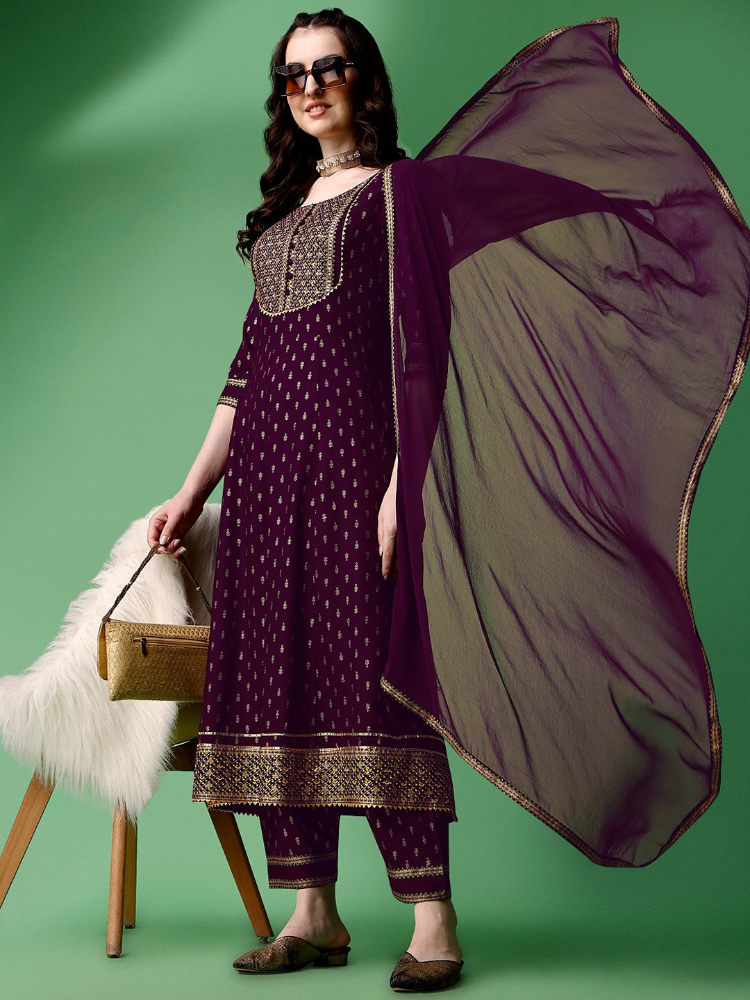 

Ziva Fashion Floral Printed Regular Sequinned Kurta with Trousers & With Dupatta, Purple