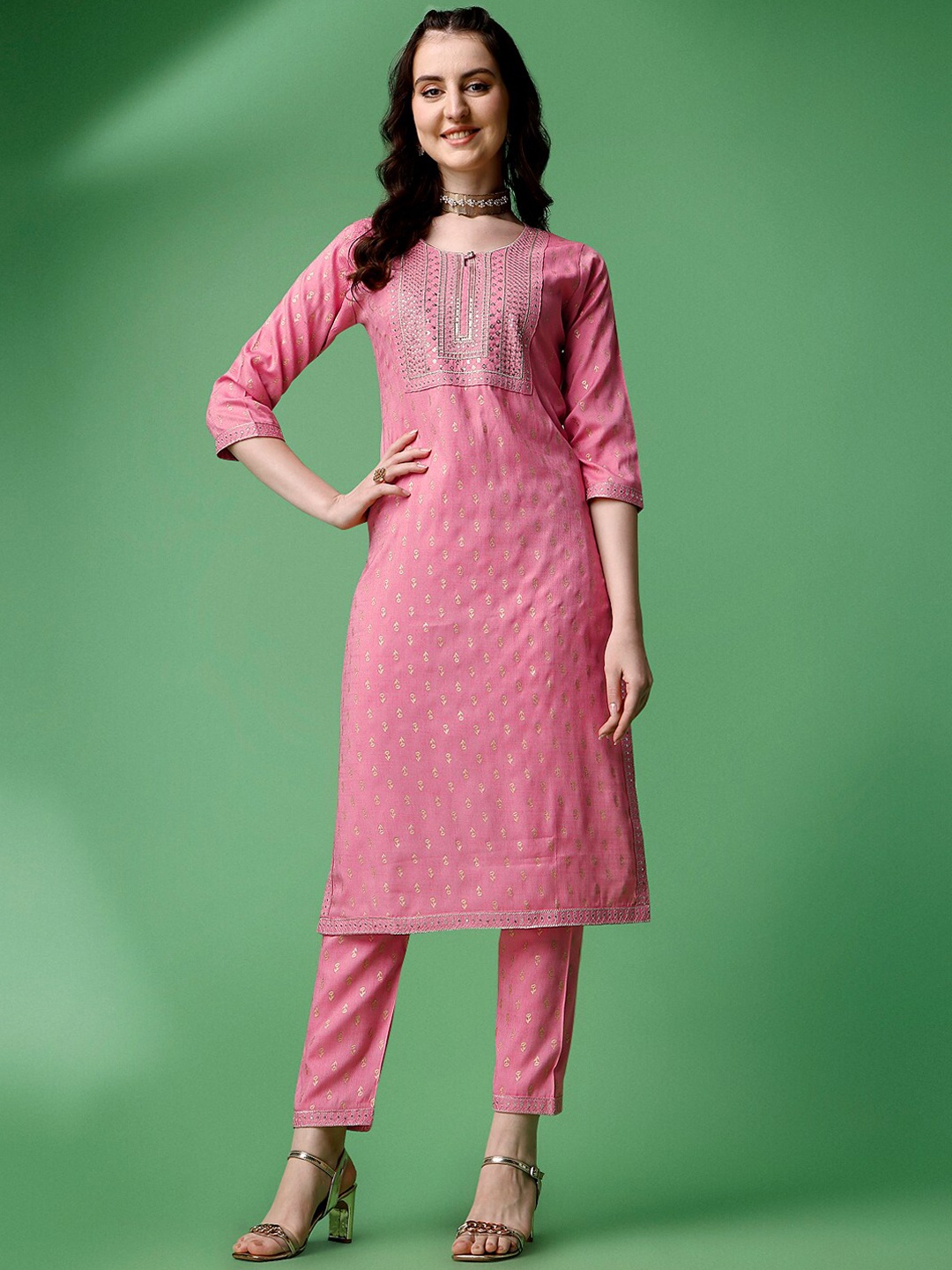 

Ziva Fashion Ethnic Motifs Printed Sequinned Kurta with Trousers & With Dupatta, Pink