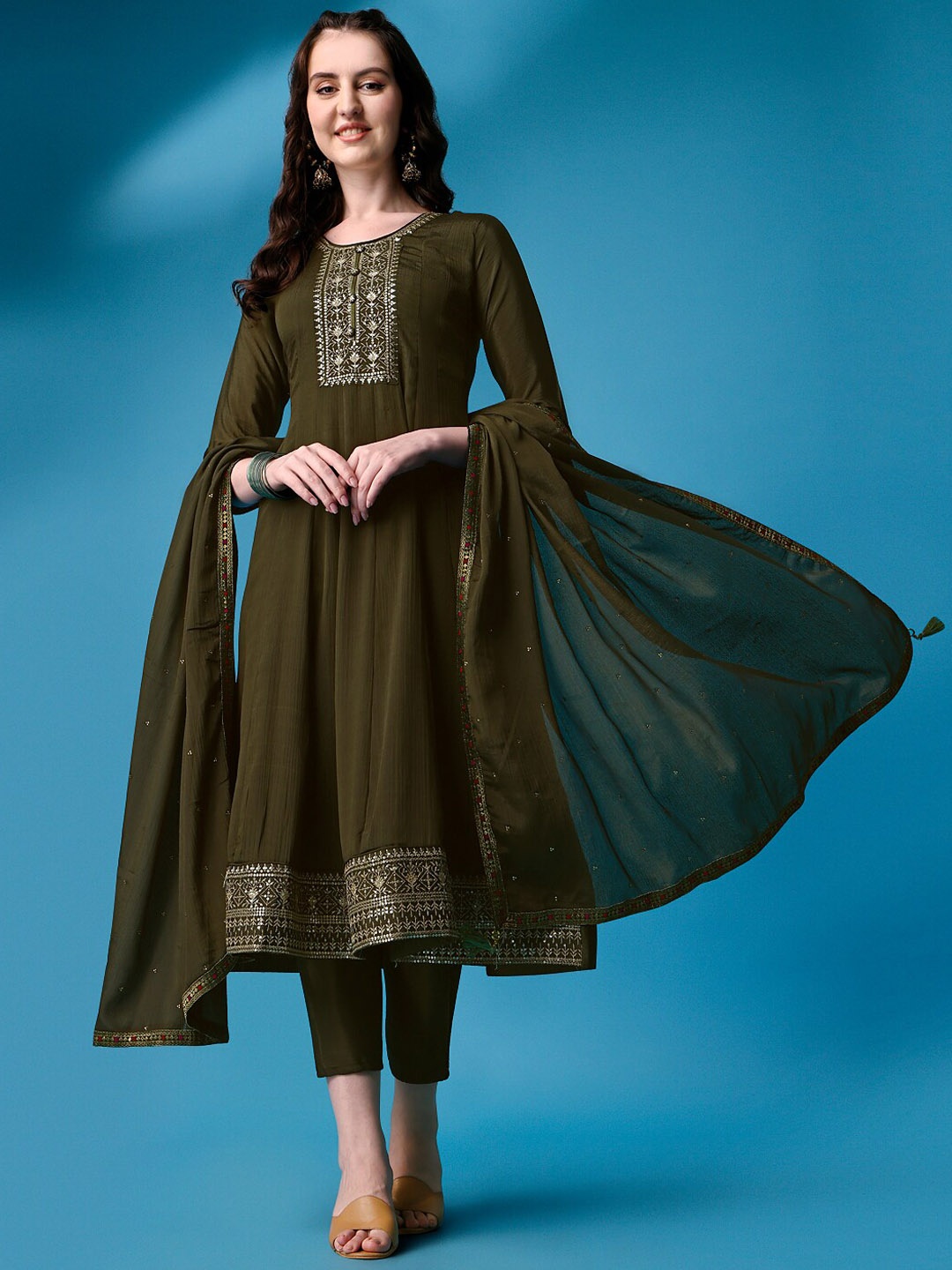 

Ziva Fashion Ethnic Motifs Yoke Design Pure Silk Kurta with Trousers & With Dupatta, Green