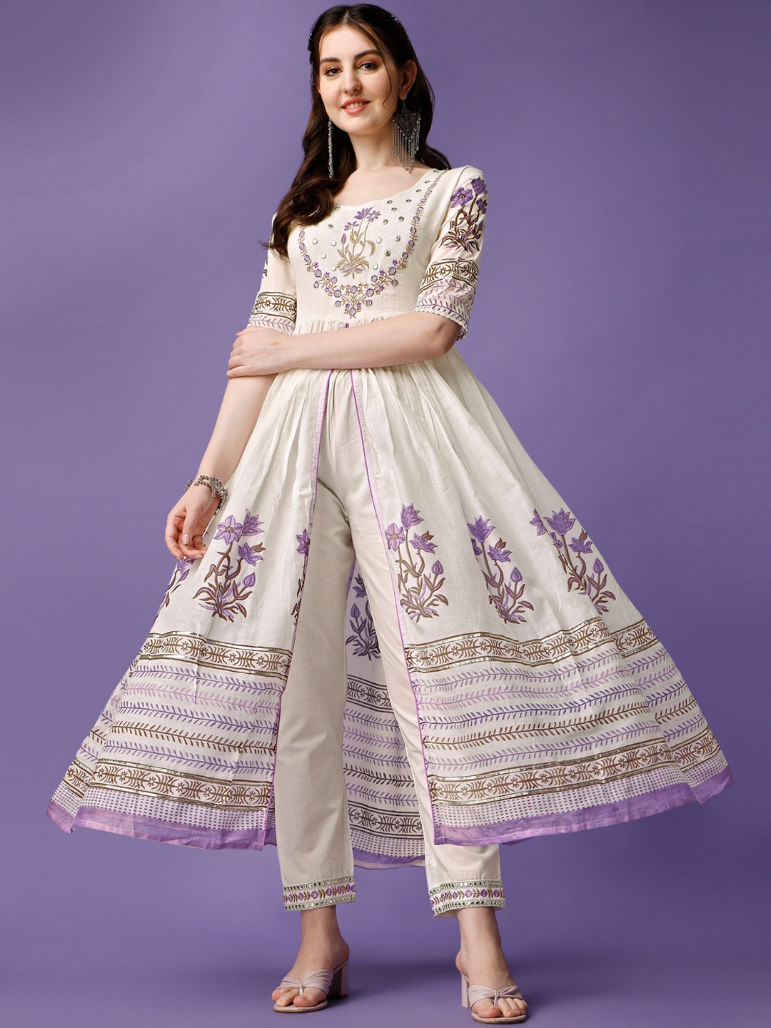 

Ziva Fashion Floral Printed High Slit Mirror Work Kurta with Trousers & With Dupatta, White