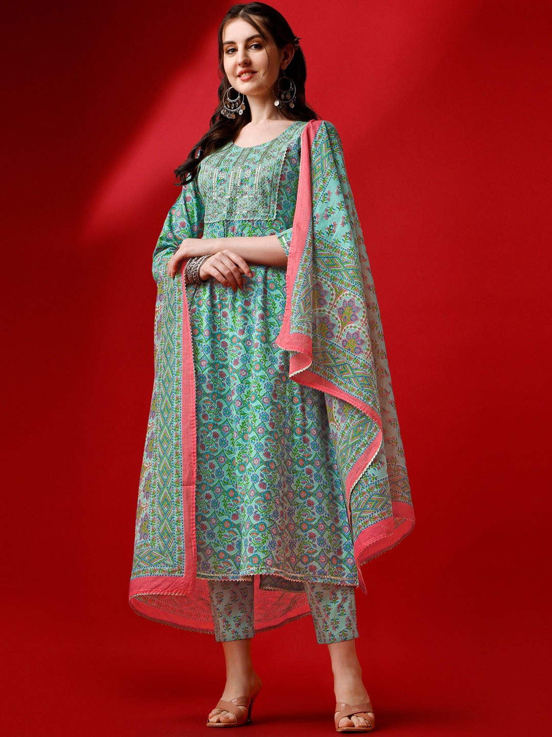 

Ziva Fashion Floral Printed Regular Kurta with Trousers & With Dupatta, Green