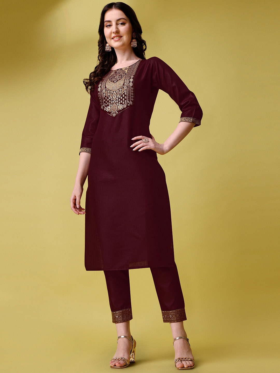 

Ziva Fashion Floral Yoke Design Zari Kurta with Trousers & With Dupatta, Maroon