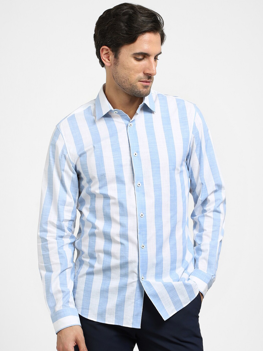 

SELECTED Vertical Striped Spread Collar Cotton Casual Shirt, White
