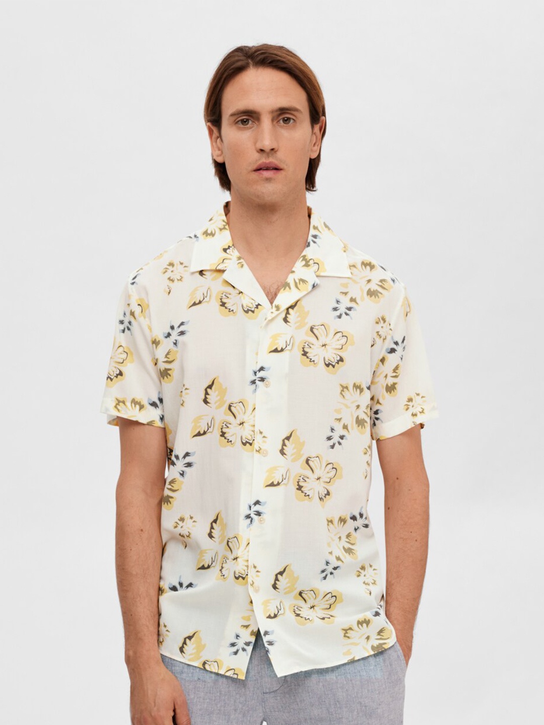 

SELECTED Floral Printed Cuban Collar Modal Casual Shirt, Off white