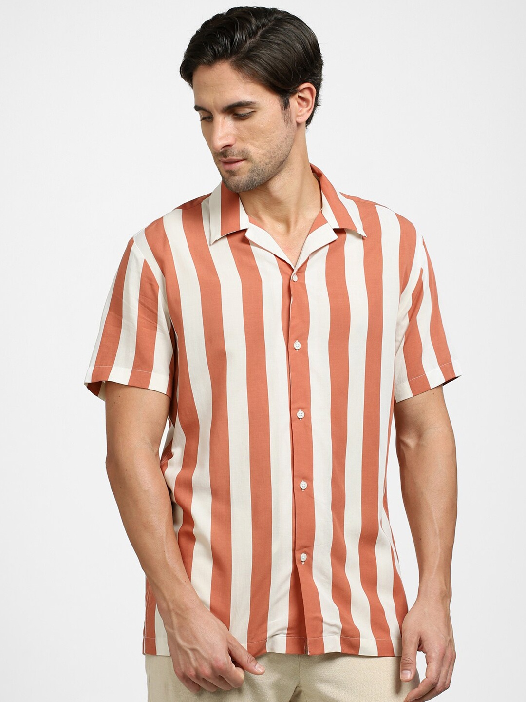 

SELECTED Vertical Striped Cuban Collar Modal Casual Shirt, White