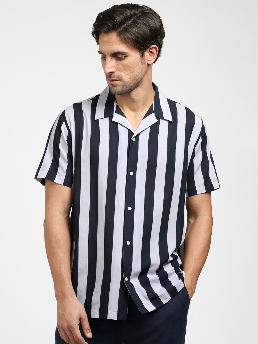 

SELECTED Striped Lapel Collar Casual Shirt, Navy blue