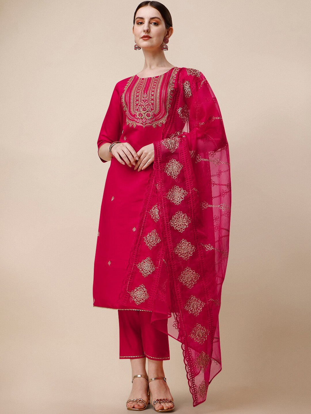 

Berrylicious Floral Embroidered Zari Chanderi Cotton Kurta with Trousers & Dupatta, Red