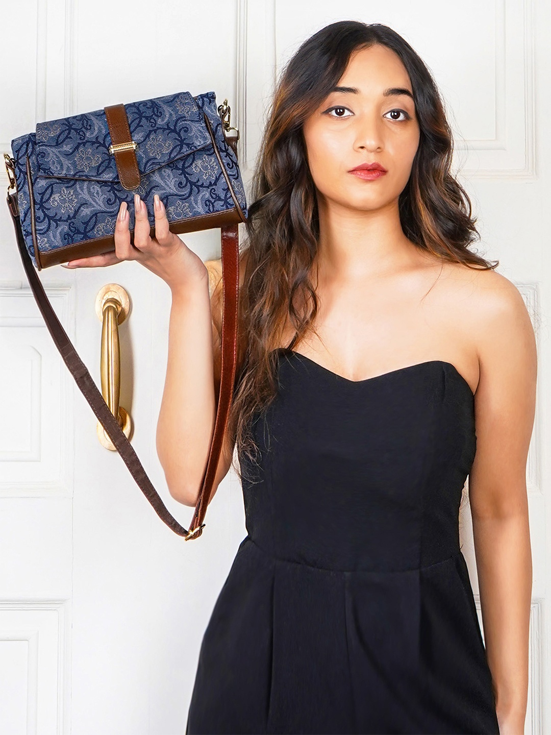 

THE CLOWNFISH Odelina Ethnic Motifs Printed Structured Sling Bag, Navy blue