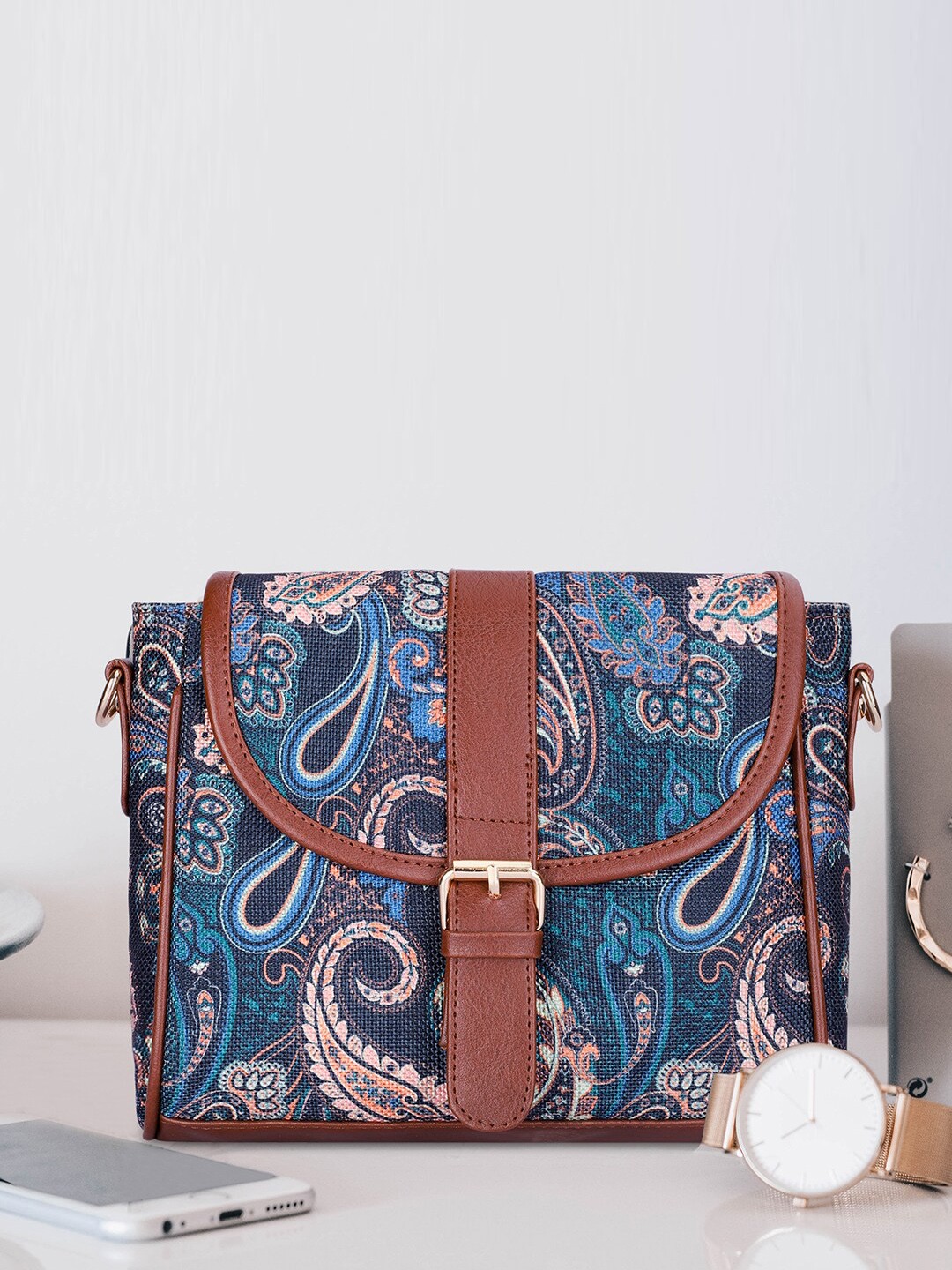 

THE CLOWNFISH Ethnic Motifs Printed Structured Sling Bag, Blue