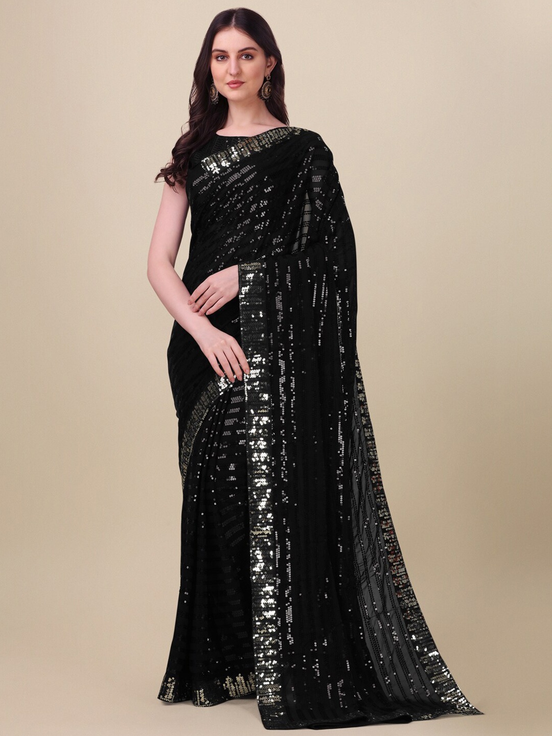 

Amrutam Fab Sequinned Pure Georgette Saree, Black