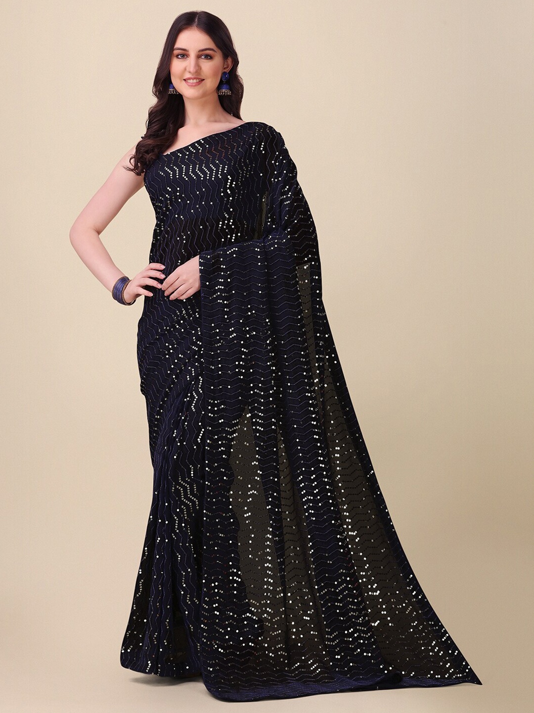 

Amrutam Fab Navy Sequinned Pure Georgette Saree, Navy blue