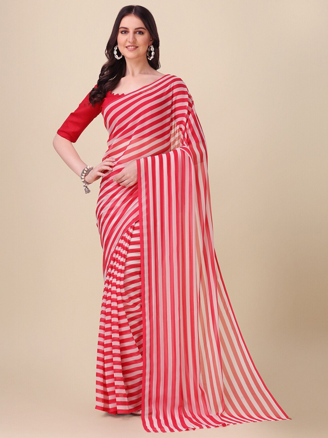 

Amrutam Fab Pink & White Striped Pure Georgette Saree