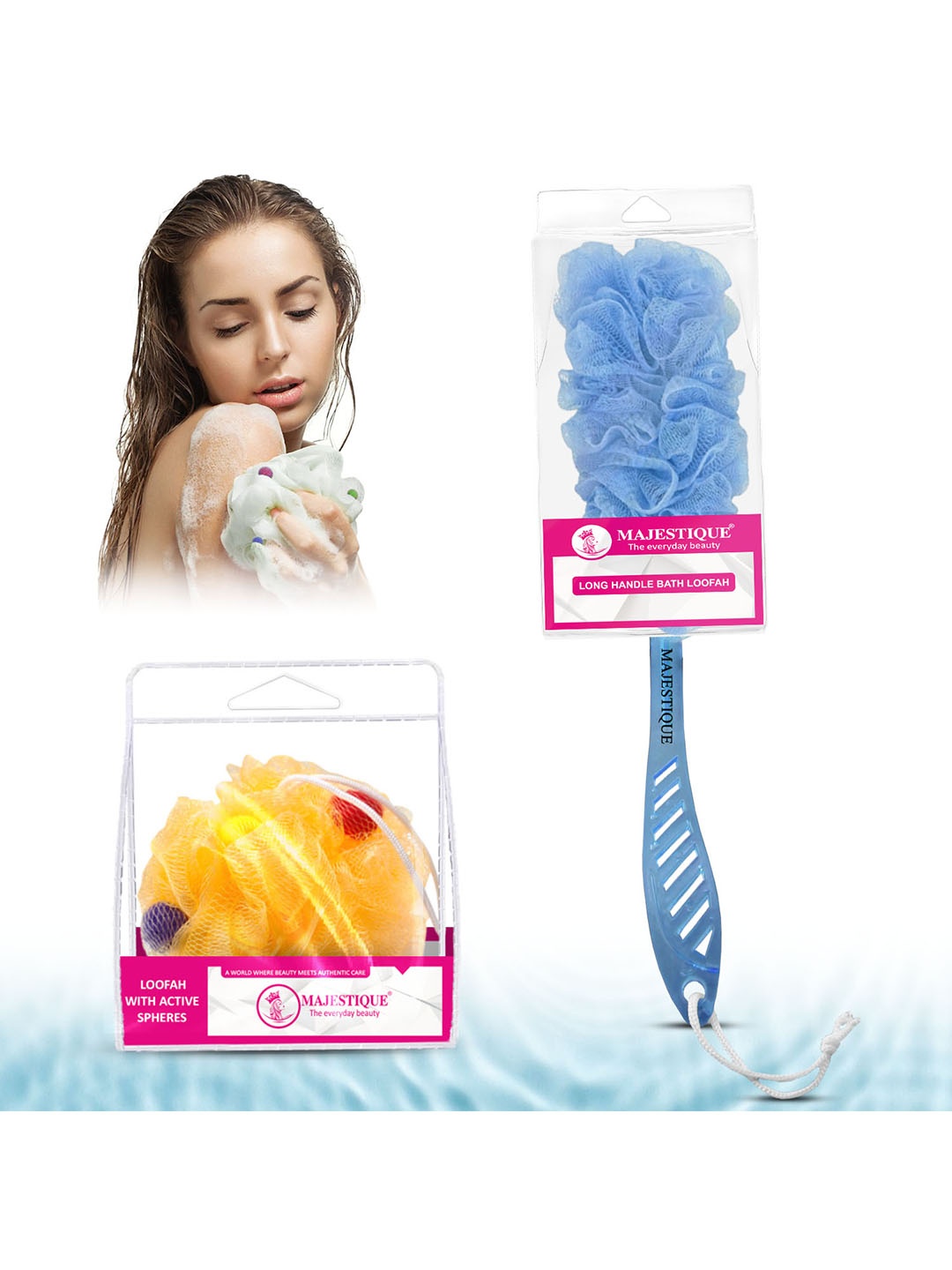 

MAJESTIQUE Set of 2 Body Loofah - Ball Round Loofah & Handle Loofah for Gentle Exfoliation, Blue