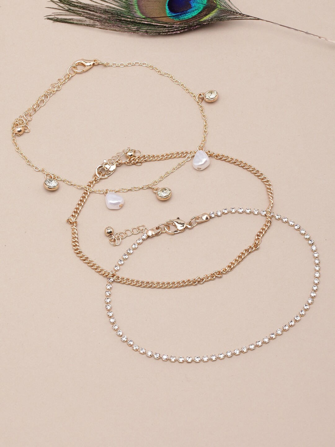 

DIVA WALK Set Of 3 Gold-Plated CZ Studded & Beaded Anklets