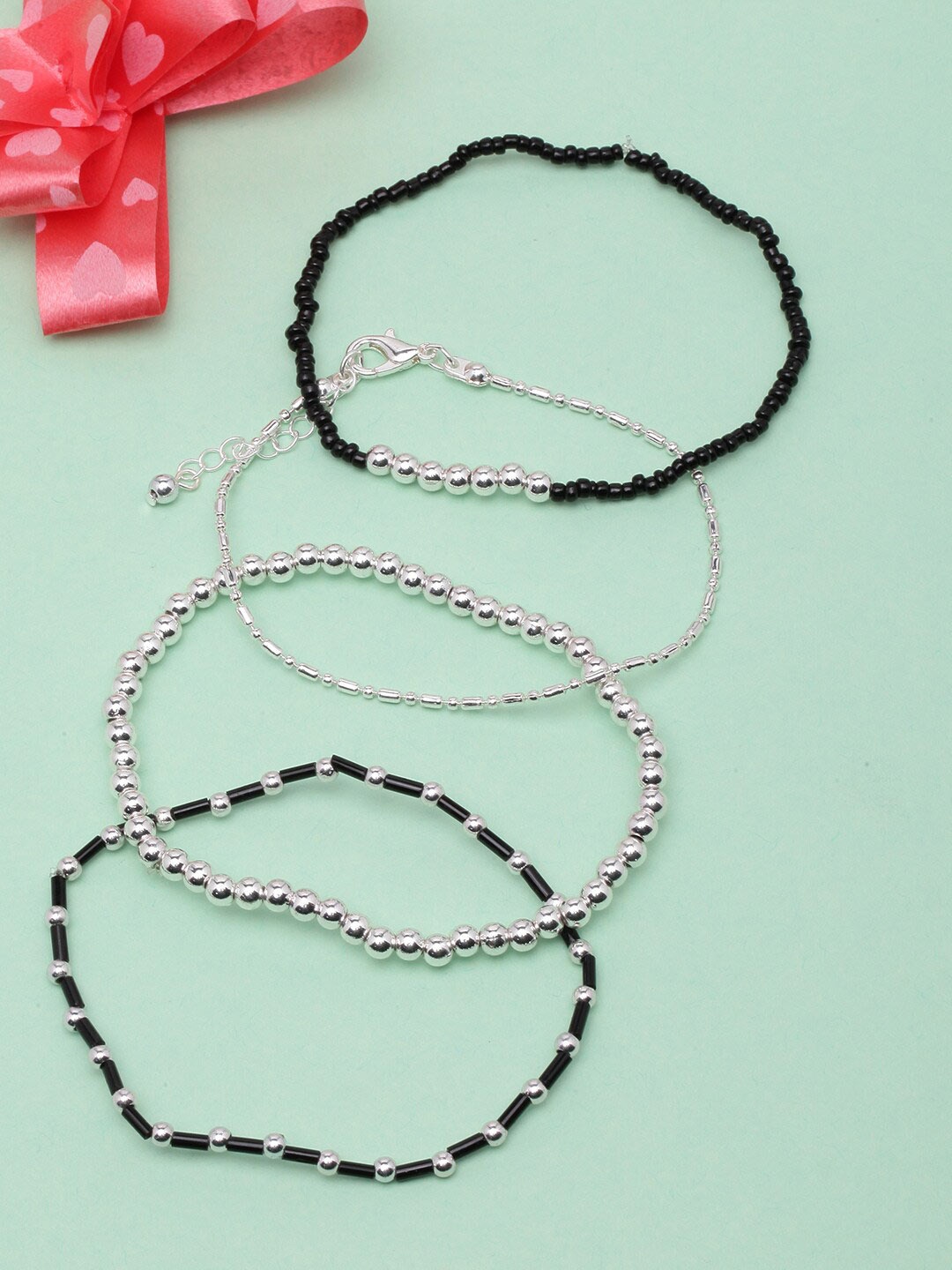 

DIVA WALK Set Of 4 Silver-Plated Beaded Elasticated Bracelets
