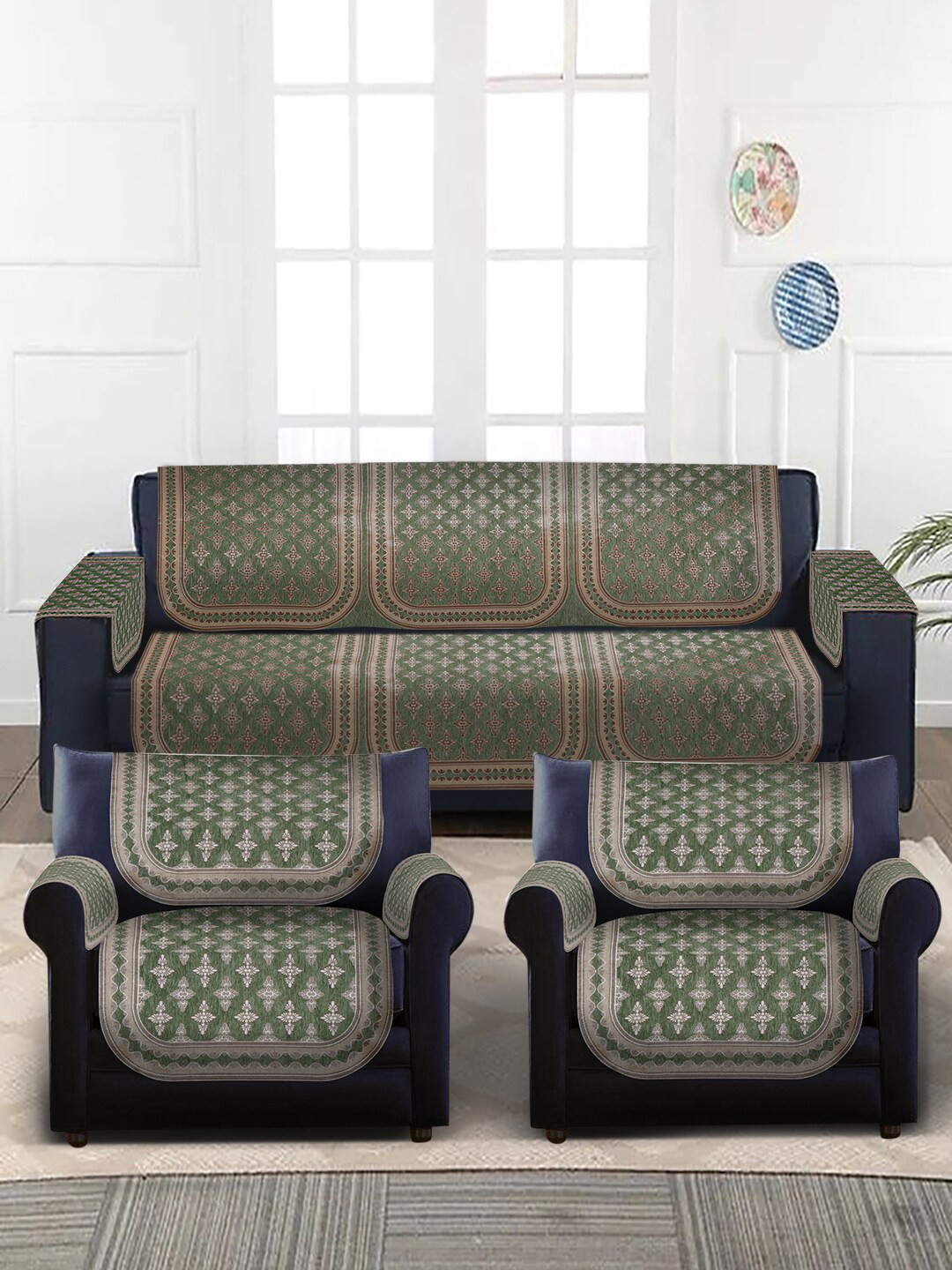 

MULTITEX Green & Brown Printed 5-Seater Sofa Cover With Arms