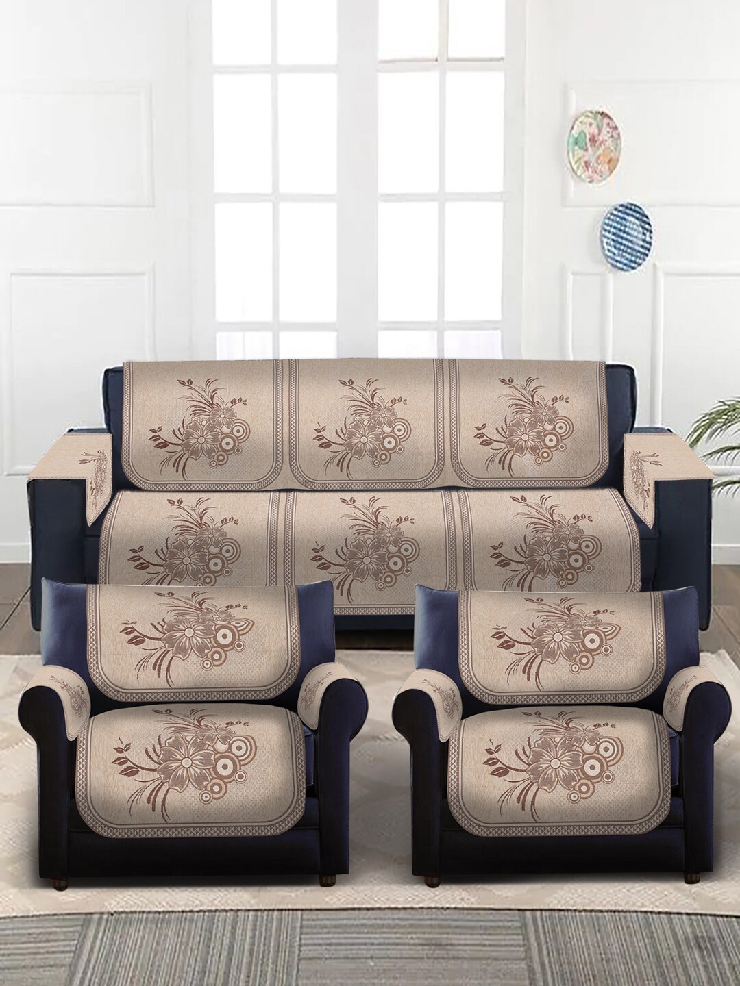 

MULTITEX Cream Coloured & Brown Printed 5-Seater Sofa Cover With Arms
