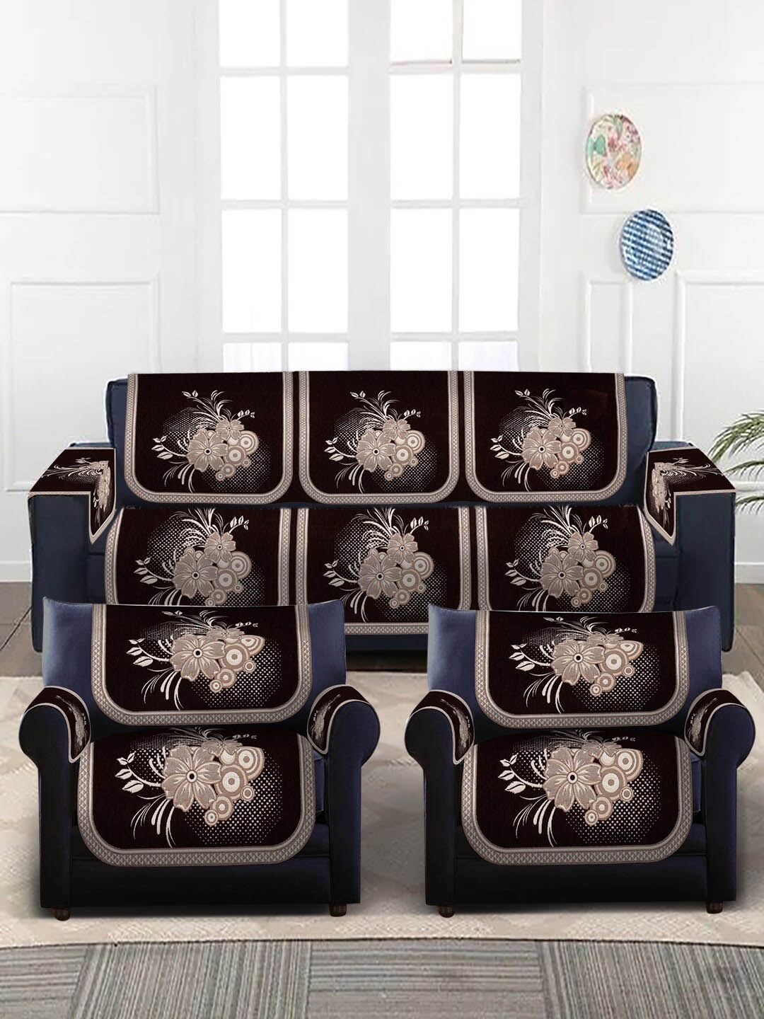 

MULTITEX Maroon & Charcoal Floral Printed 5-Seater Sofa Cover With Arms