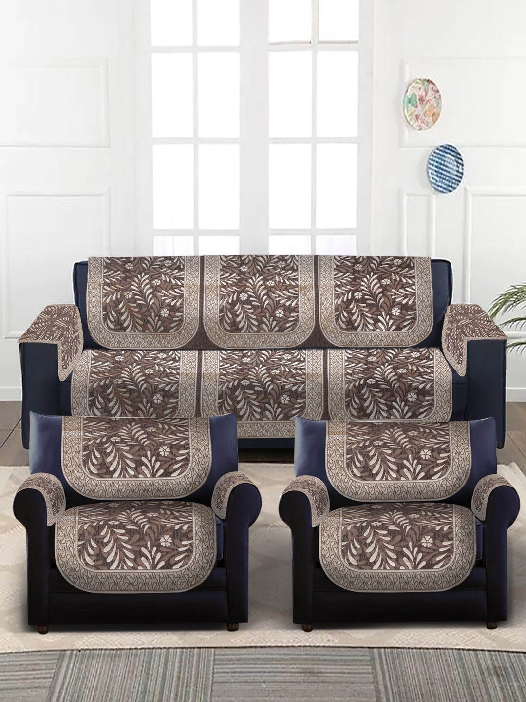 

MULTITEX Grey & Gold-Coloured Printed 5-Seater Sofa Cover With Arms