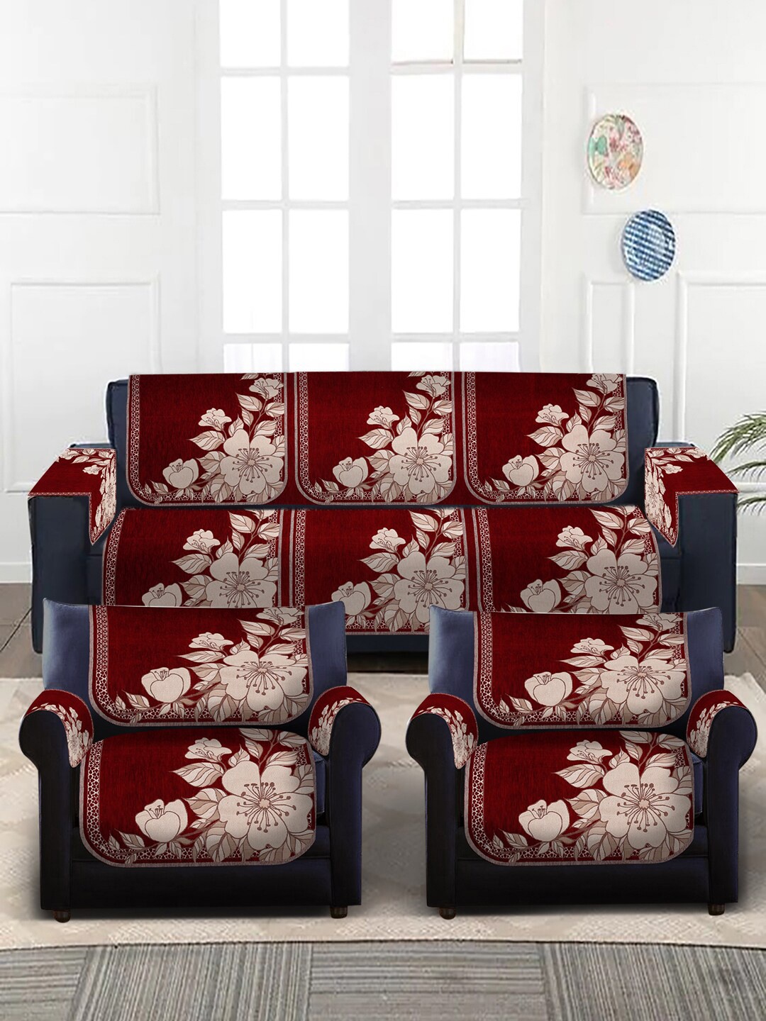 

MULTITEX Red & Beige Floral Printed 5-Seater Sofa Cover With Arms