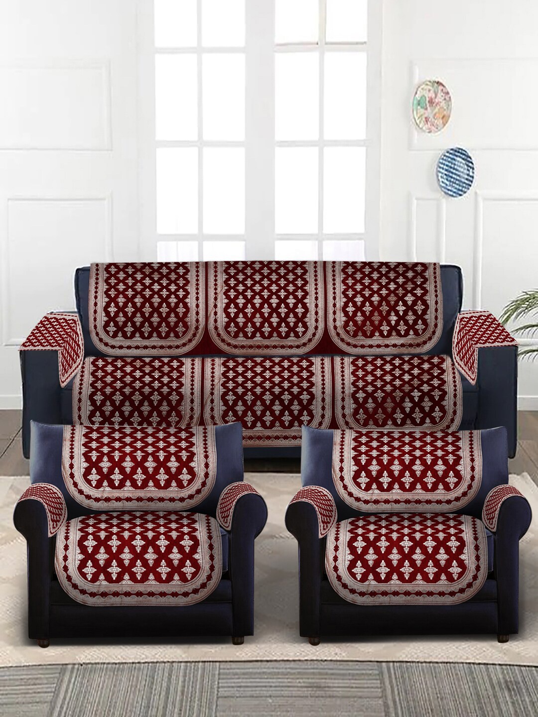 

MULTITEX Maroon & Beige Printed 5-Seater Sofa Cover With Arms