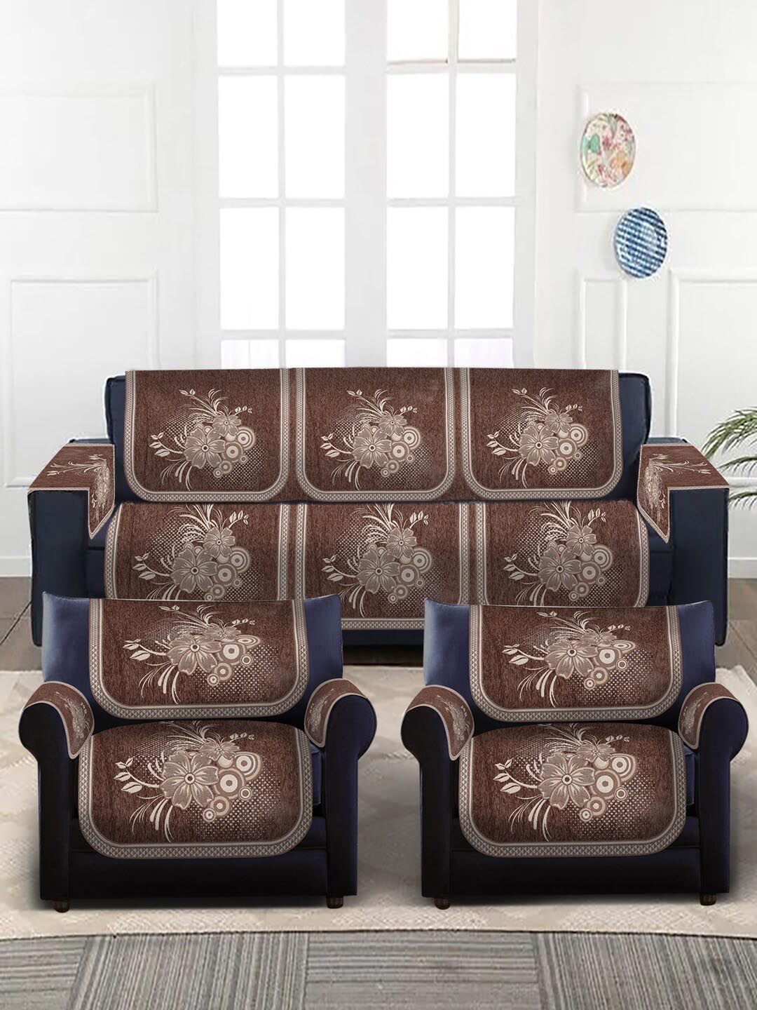 

MULTITEX Rose Gold-Toned & Beige Floral Design Velvet 5-Seater Sofa Covers