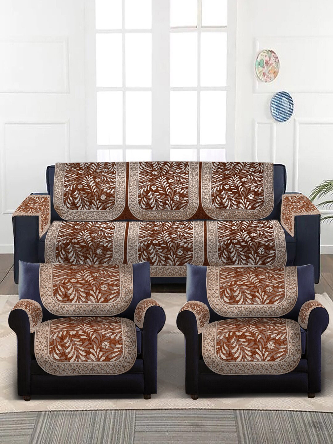 

MULTITEX Yellow & Beige Printed 5-Seater Sofa Cover With Arms