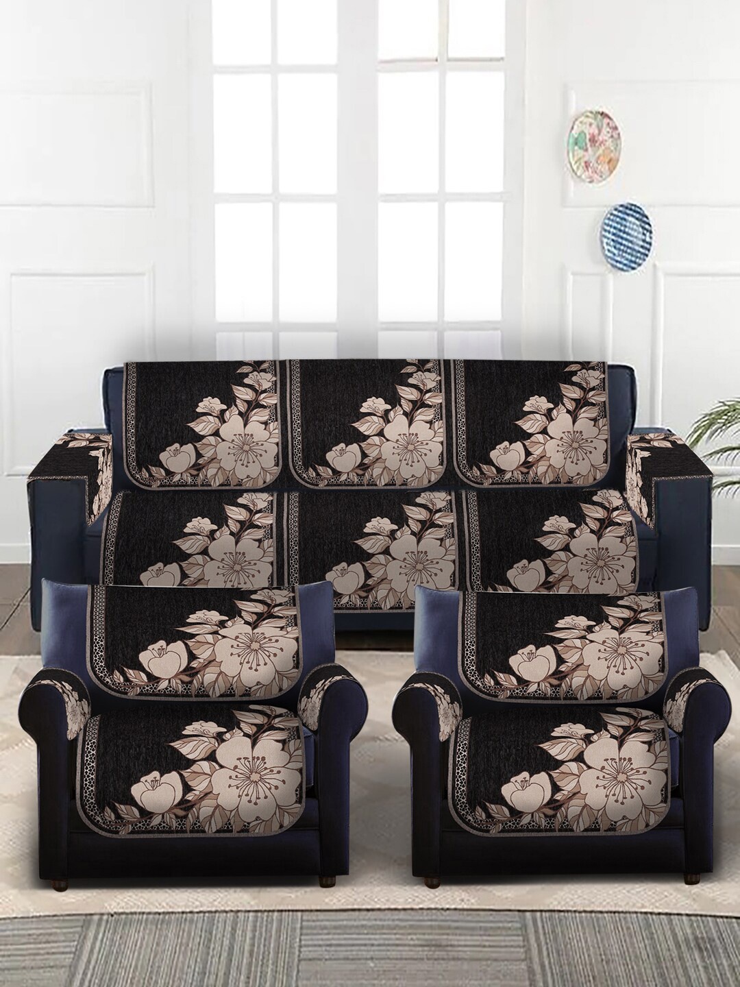 

MULTITEX Black & Beige Floral Printed 5-Seater Sofa Cover With Arms