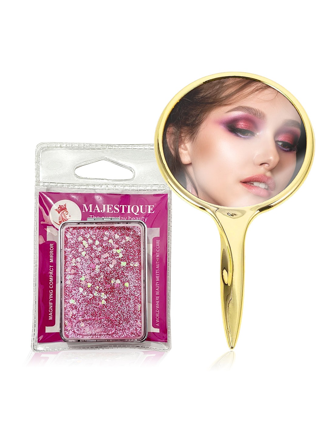 

MAJESTIQUE Combo Of Glitter Double-Sided Foldable Mirror & Handled Mirror - Assorted