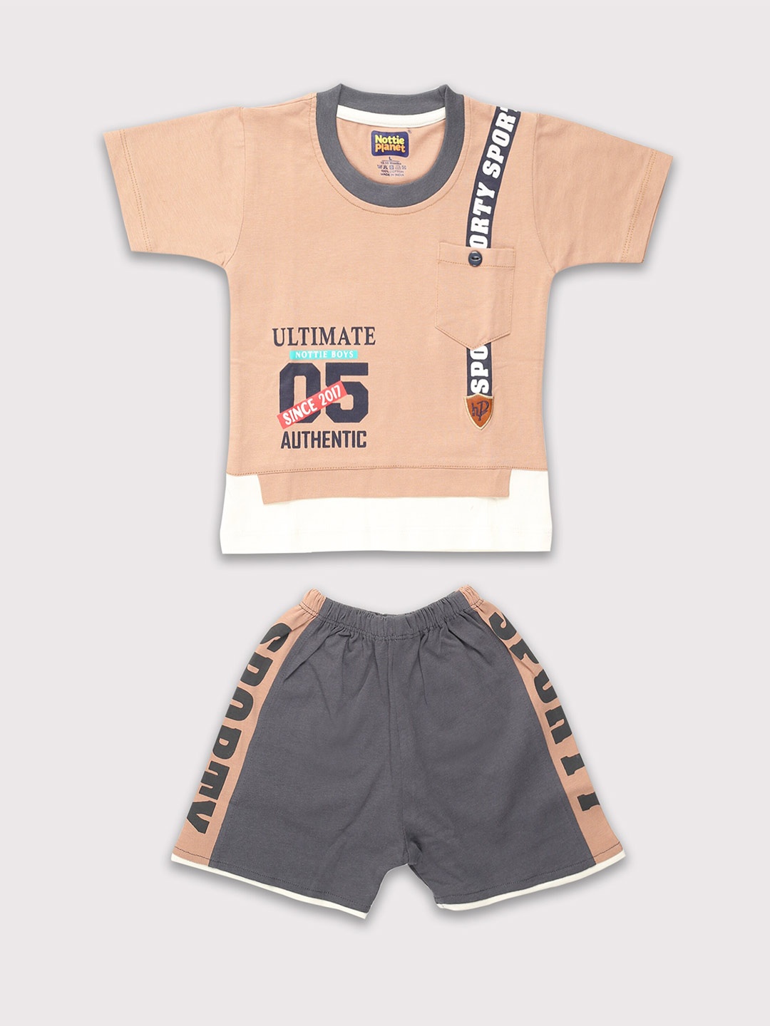 

Nottie Planet Boys Printed Pure Cotton T-shirt With Shorts Set, Brown